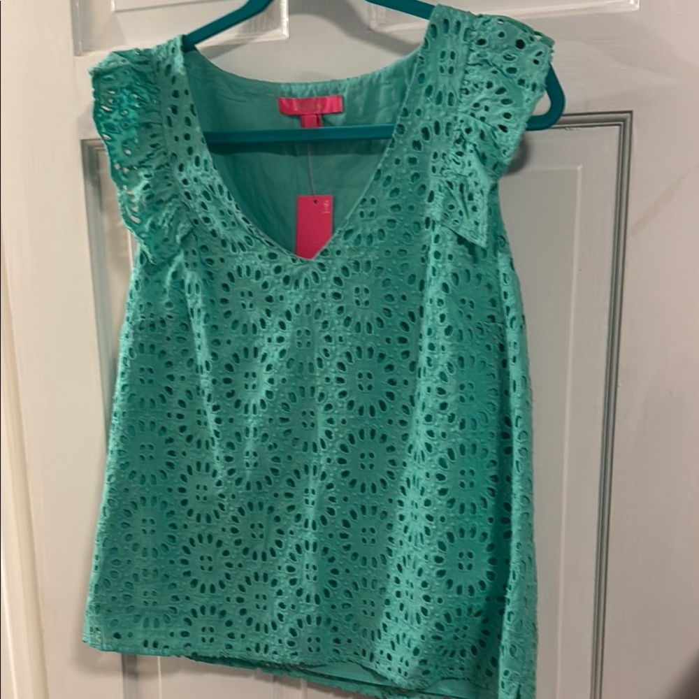 Lilly Pulitzer Green Embellished Blouse with Ruffled Sleeves